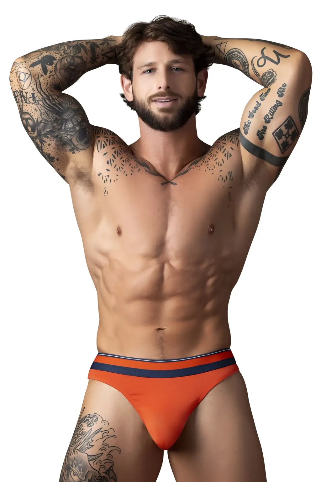 Male power 412-299 soo cumfy orange briefs with navy blue striped waistband for comfortable everyday wear