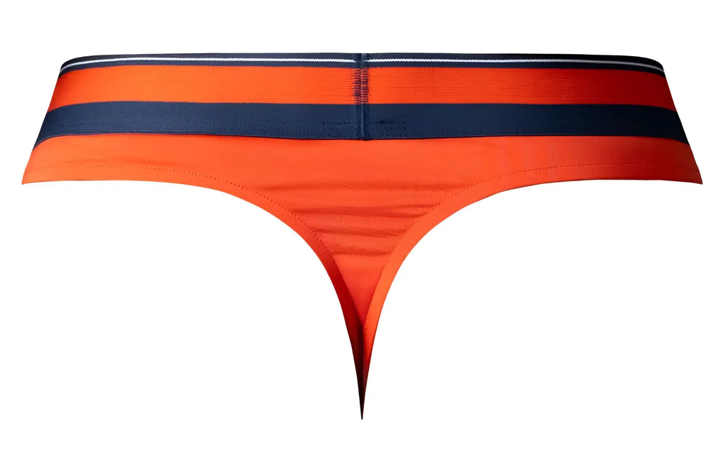 Male power 412-299 soo cumfy thong in orange with navy blue and white striped waistband shown from the back