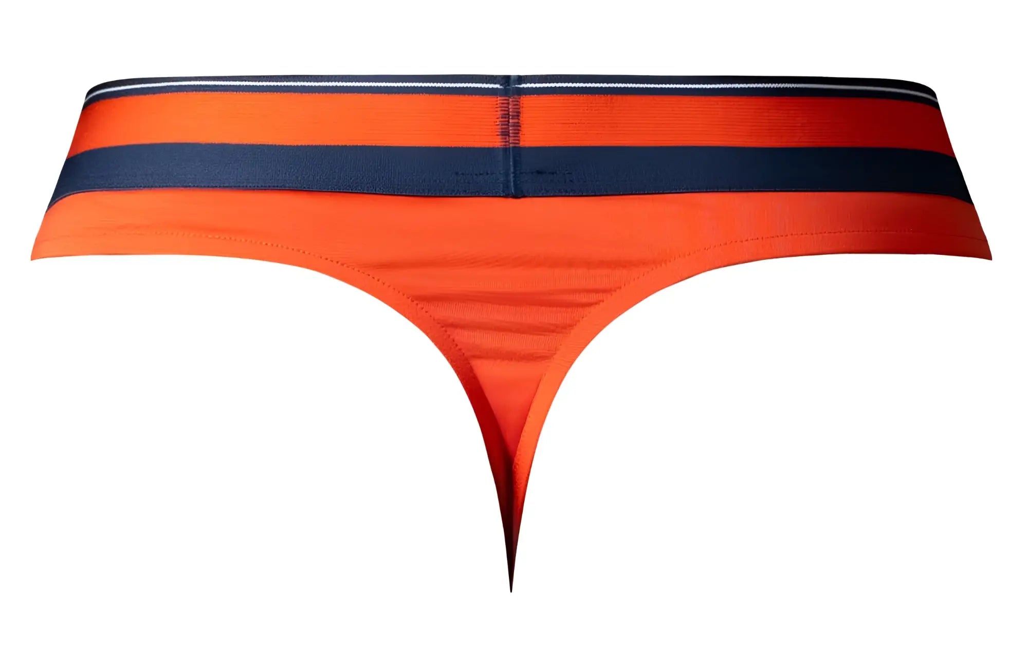 Male power 412-299 soo cumfy thong in orange with navy blue and white striped waistband shown from the back