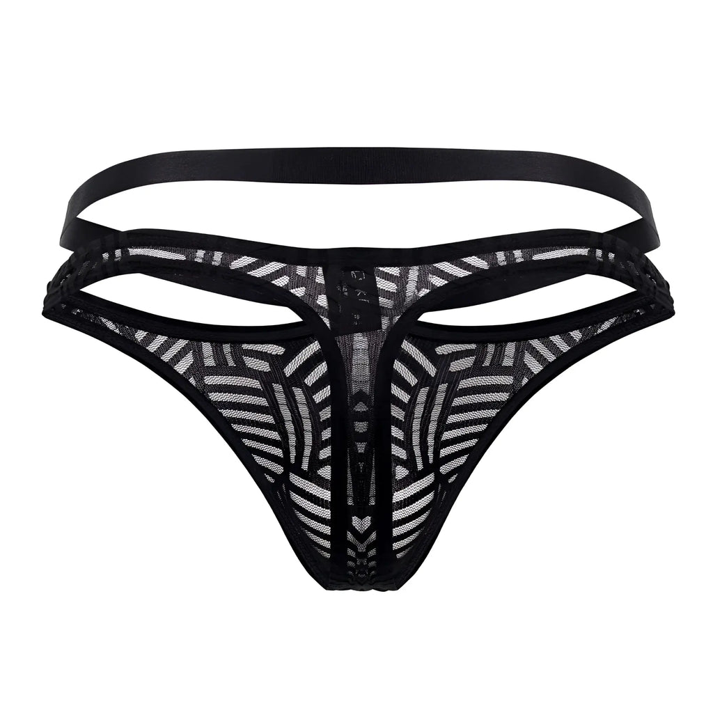 Black lace thong with geometric pattern and multiple elastic straps by Male Power model 415-284 in black