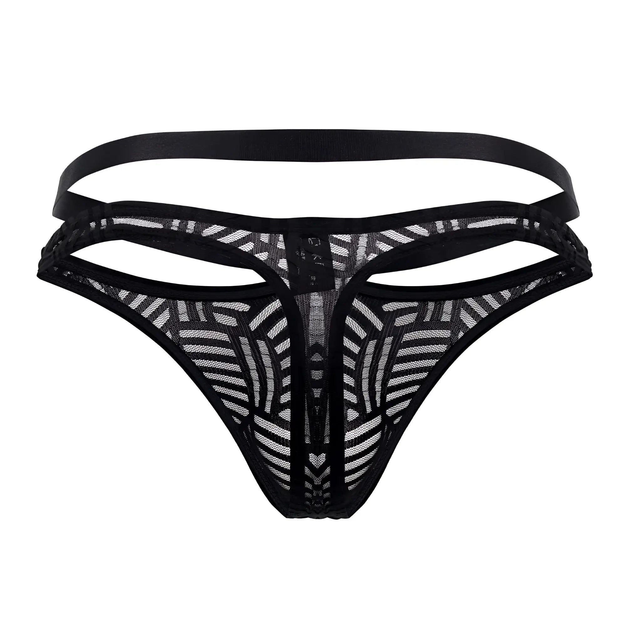 Black lace thong with geometric pattern and multiple elastic straps by Male Power model 415-284 in black