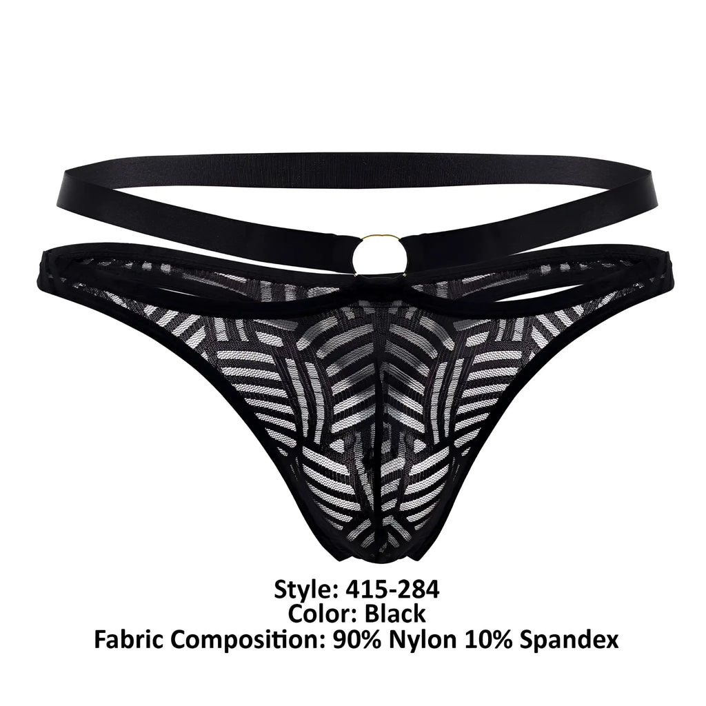 Black lace thong with geometric pattern and double-strap design by male power in black, back view