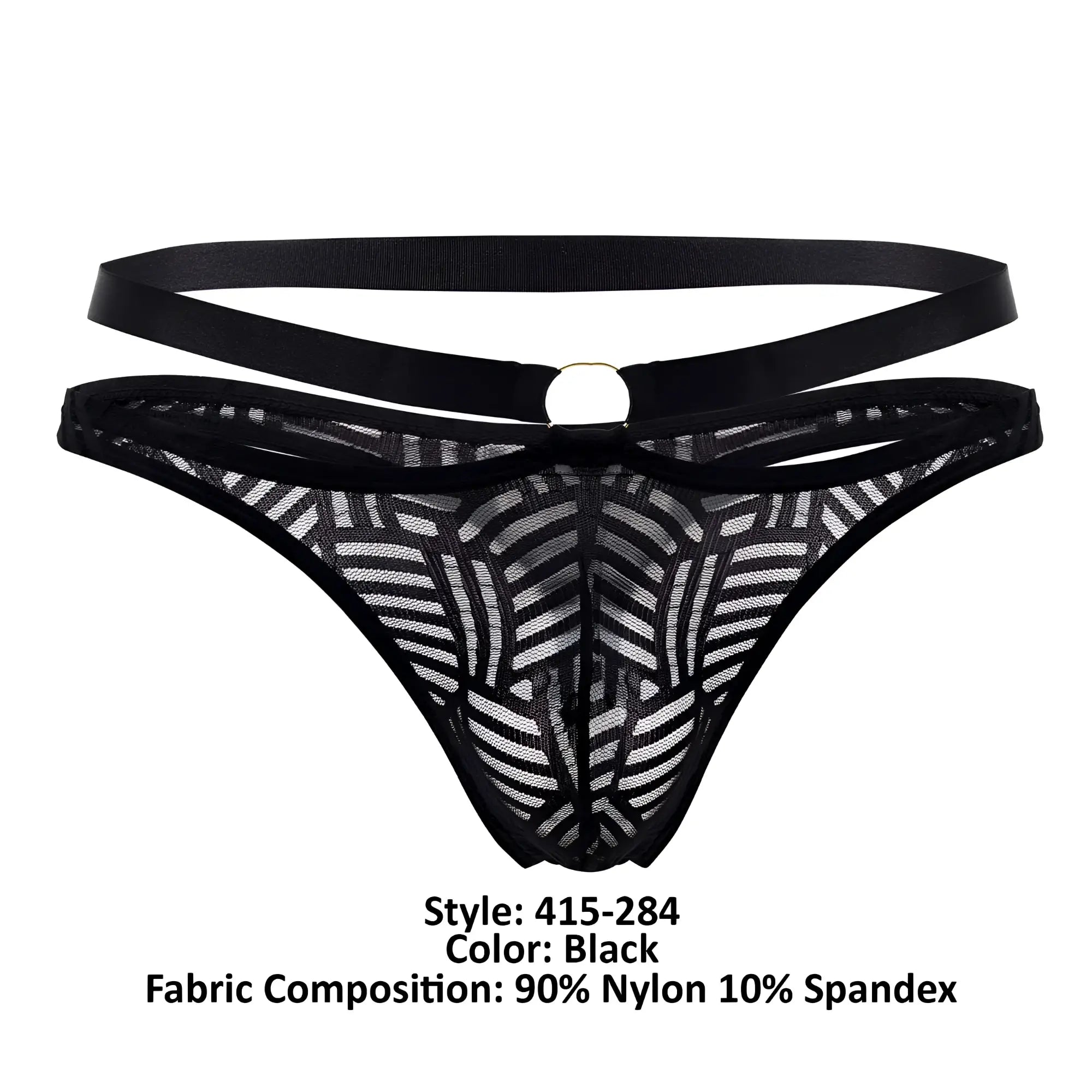 Black lace thong with geometric pattern and double-strap design by male power in black, back view