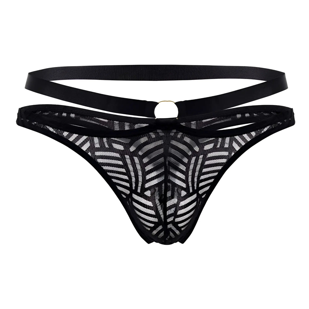 Black lace thong with geometric pattern and satin waistband from male power rude awakening strap thong black