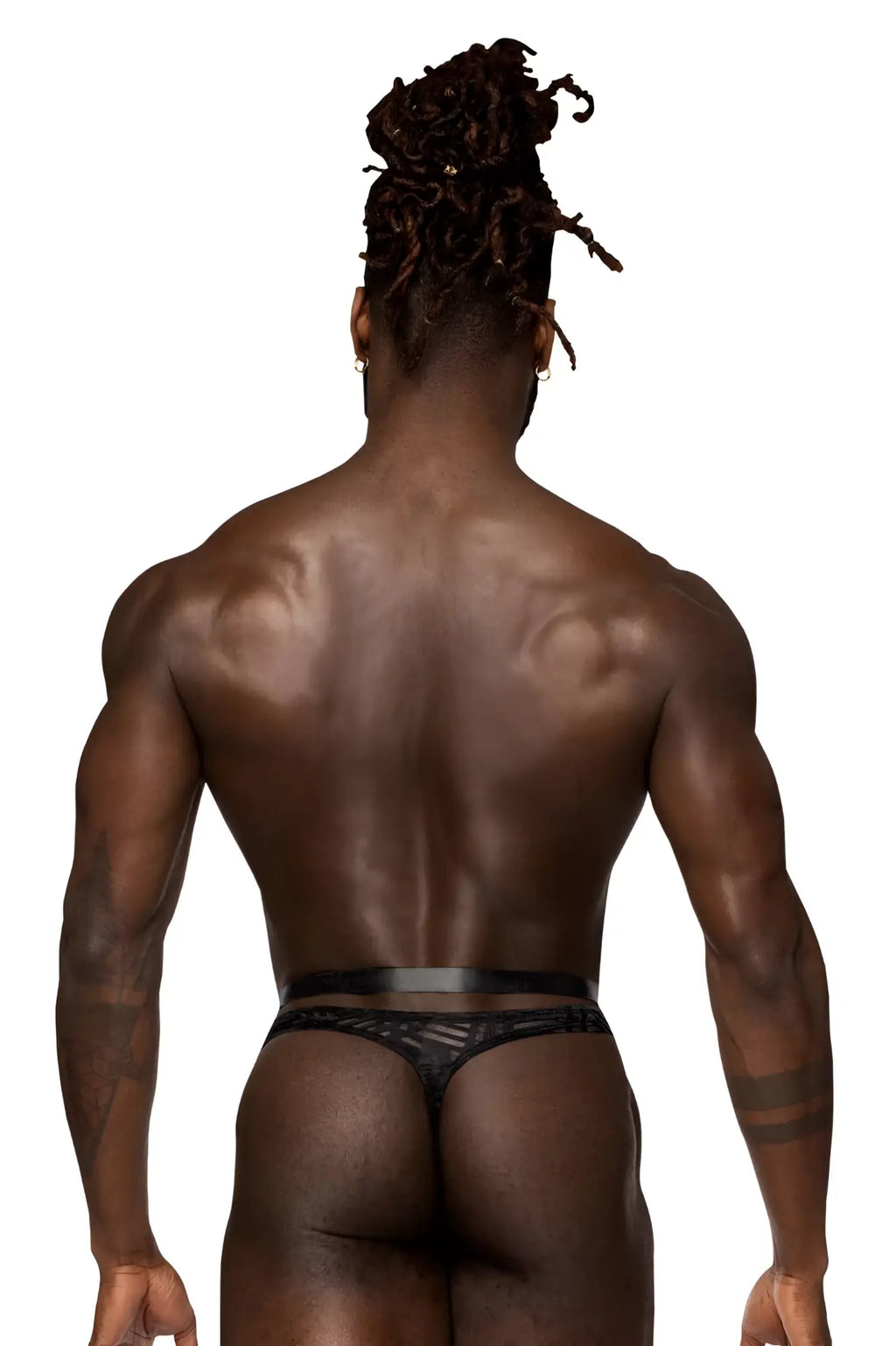Male power 415-284 rude awakening black lace thong with sleek minimalist design shown from the back side
