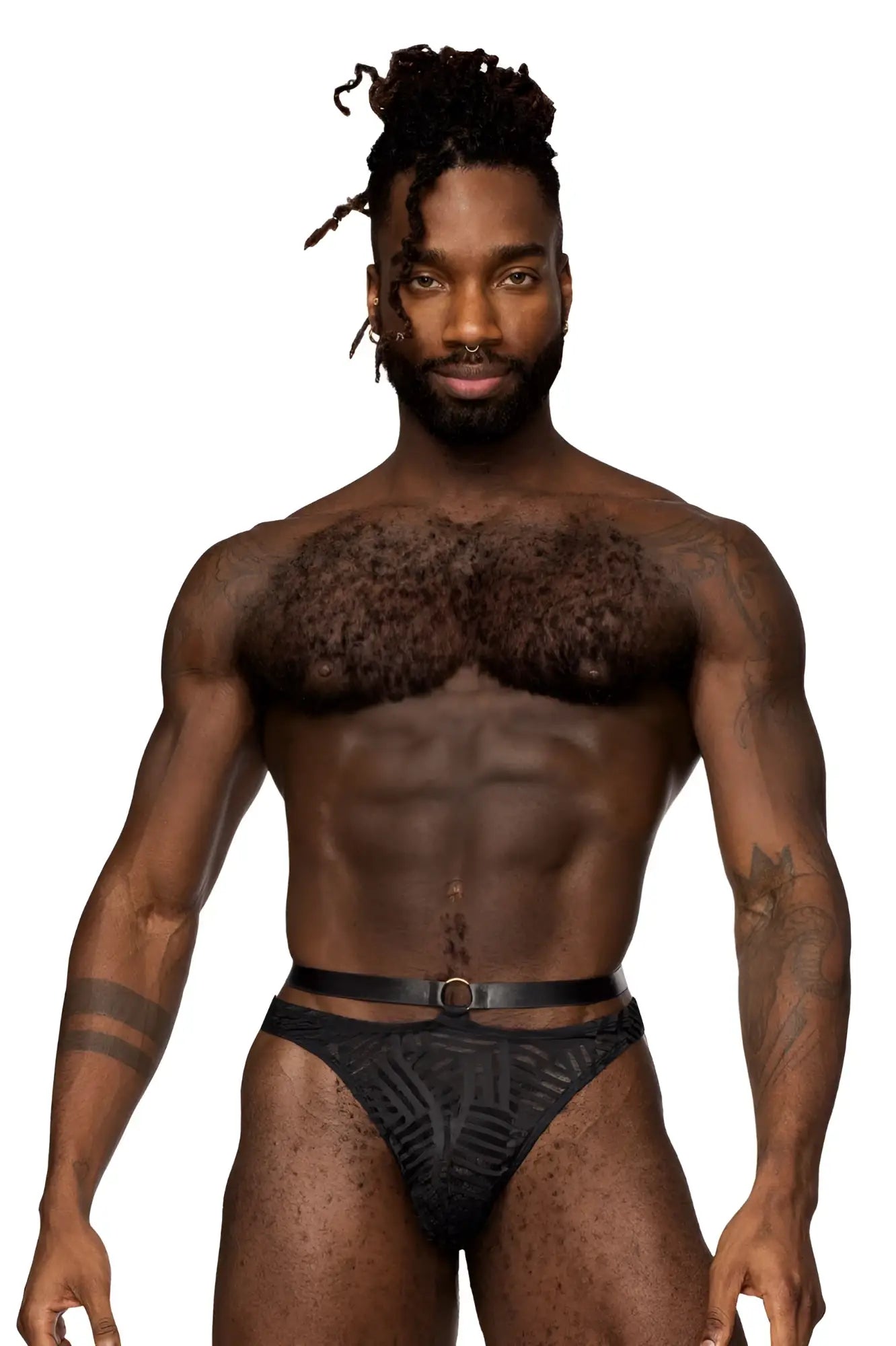 Male power 415-284 rude awakening strap thong in black with black patterned briefs and silver buckle belt