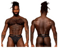 Male power 415-284 rude awakening strap thong in black with textured geometric pattern and matching belt shown from the front