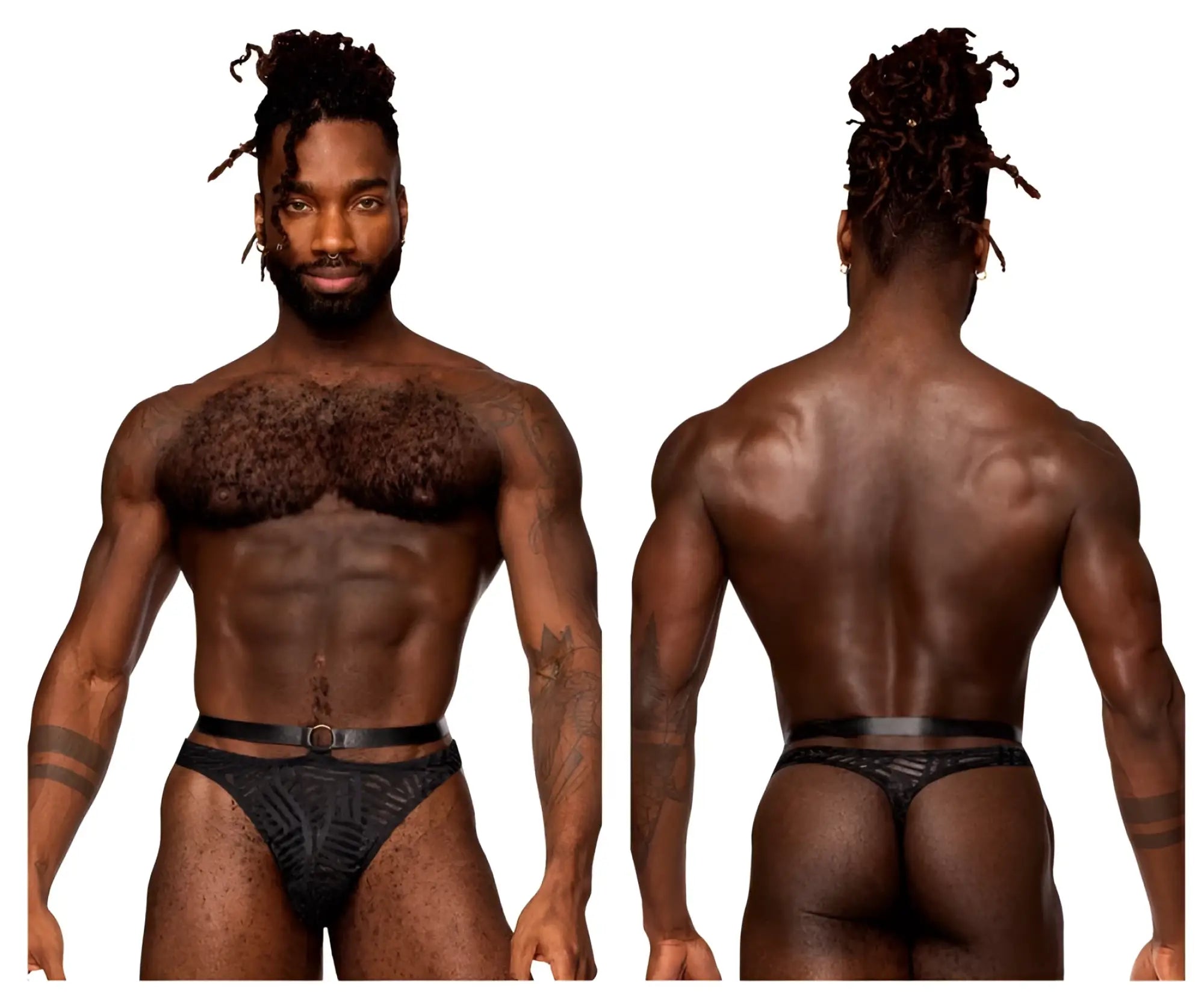 Male power 415-284 rude awakening strap thong in black with textured geometric pattern and matching belt shown from the front