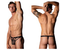Black lace thong with star pattern and supportive straps by male power shown from the back in black color