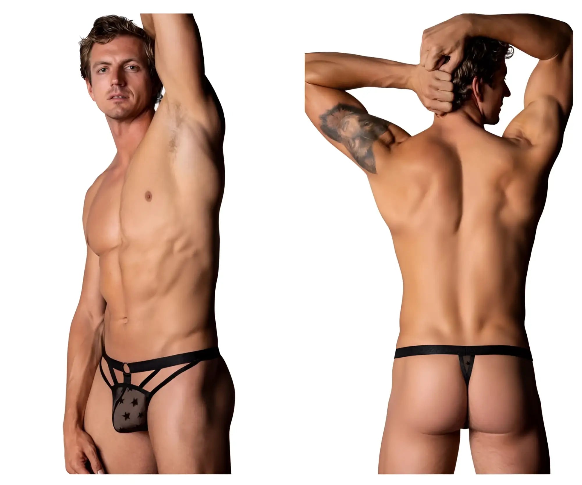 Black lace thong with star pattern and supportive straps by male power shown from the back in black color