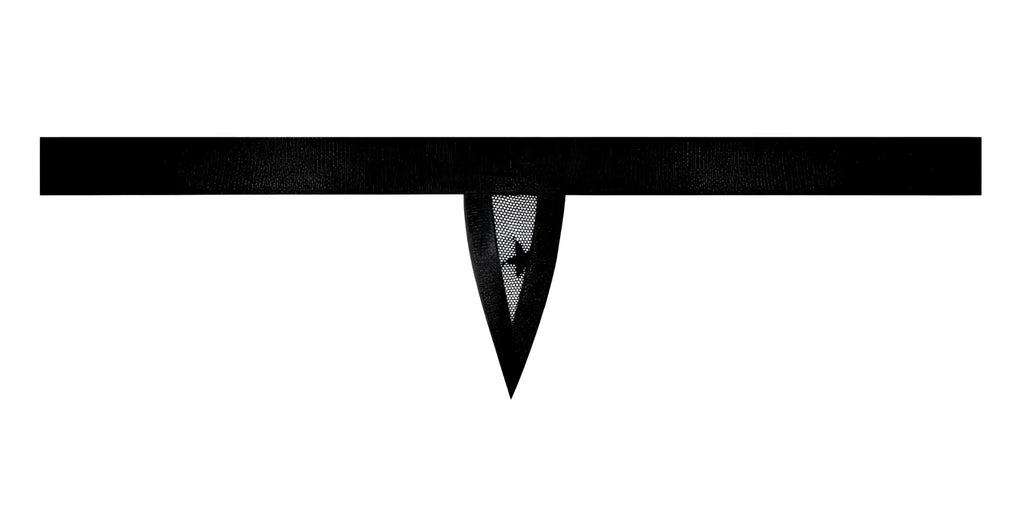 Black mesh choker with pointed triangular embroidered bird pendant worn with male power 416-291 love star thong black