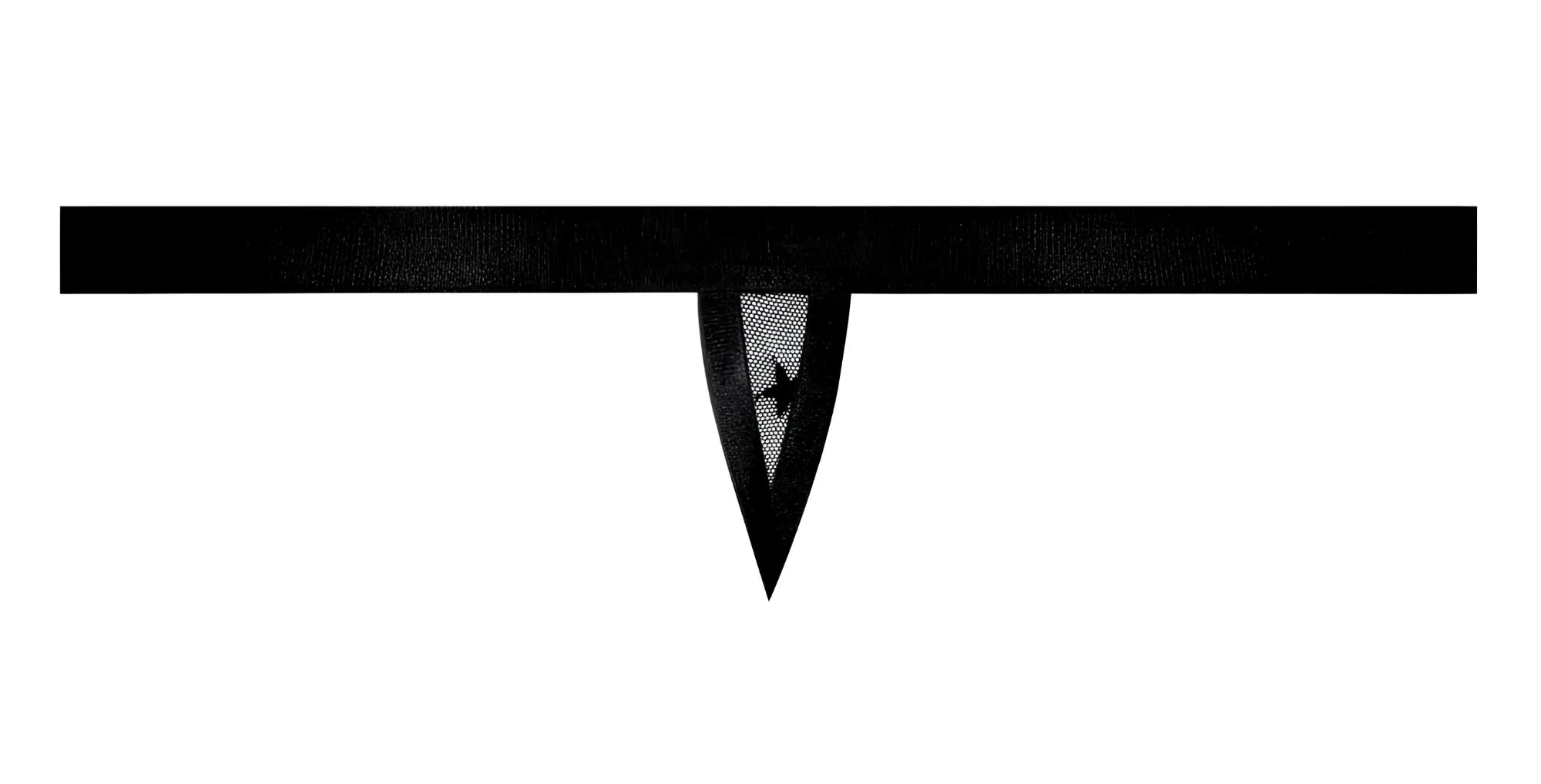 Black mesh choker with pointed triangular embroidered bird pendant worn with male power 416-291 love star thong black
