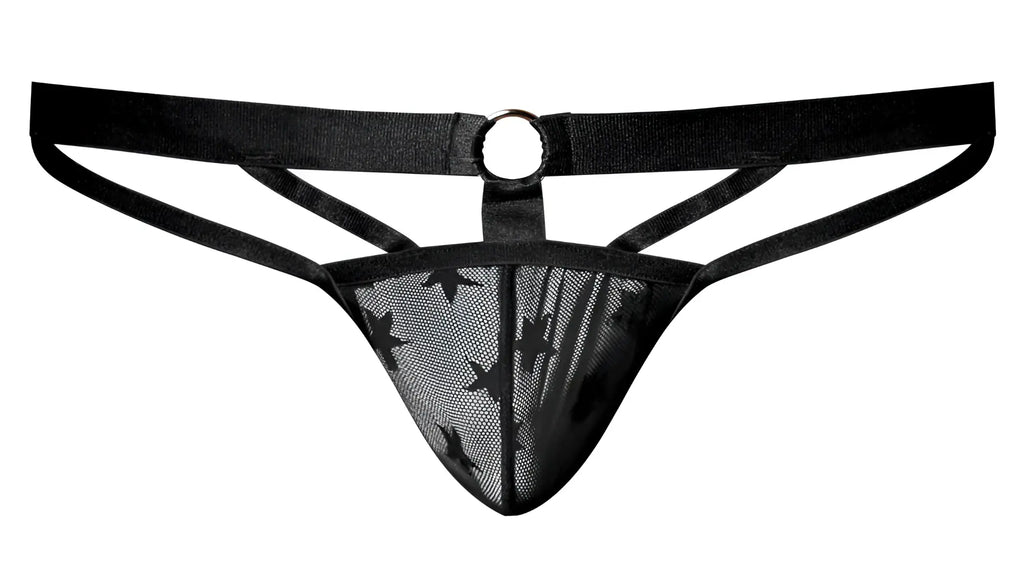 Male Power 416-291 Love Star thong in black mesh with star pattern and central metal ring for men