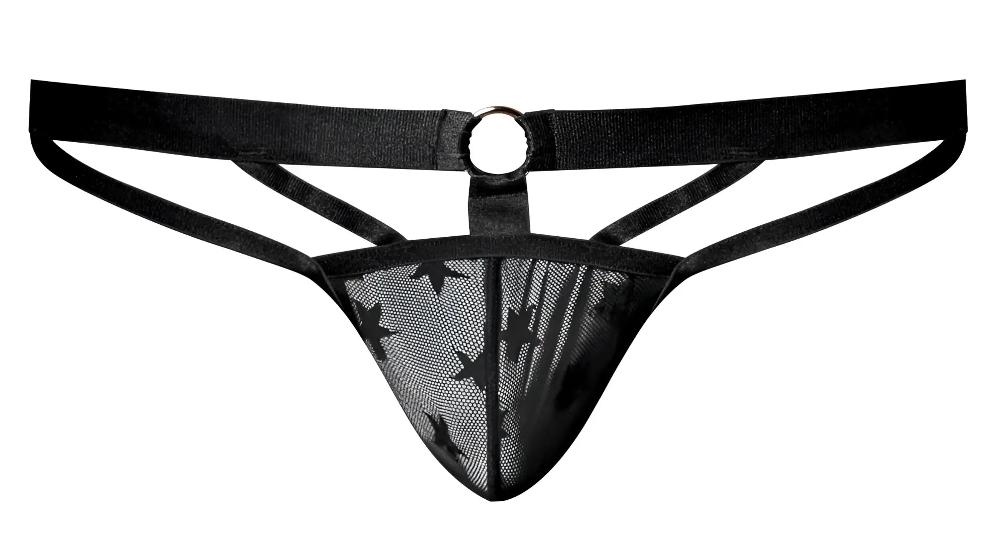 Male Power 416-291 Love Star thong in black mesh with star pattern and central metal ring for men