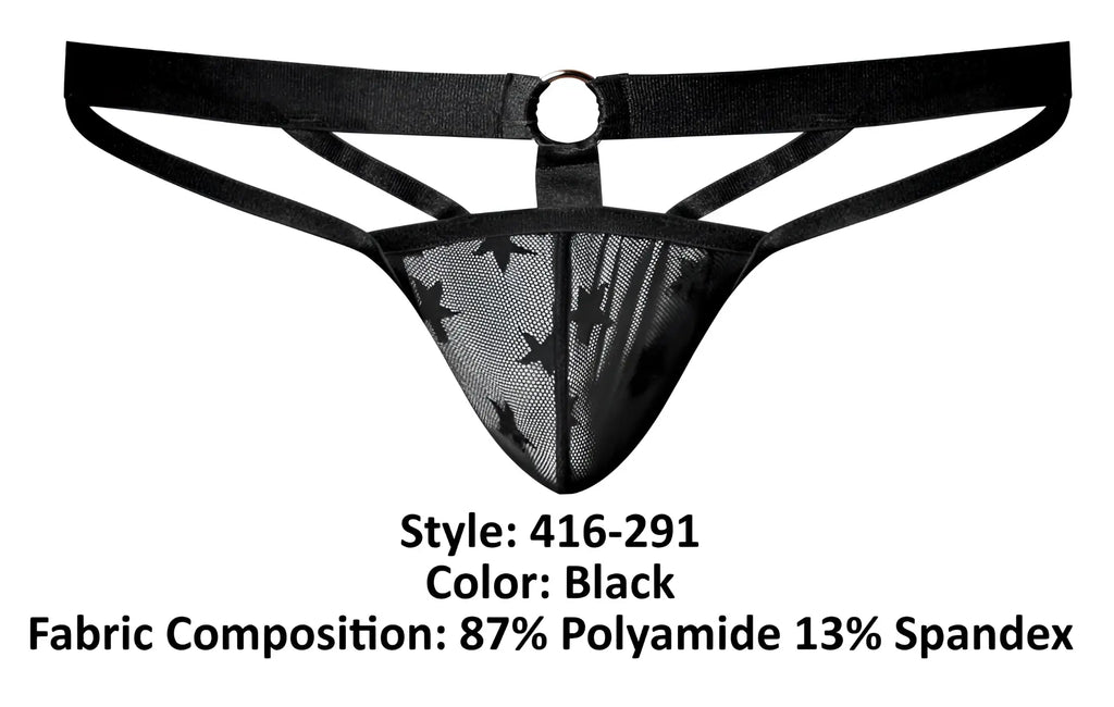 Male power 416-291 love star thong black mesh with star pattern and adjustable straps for men