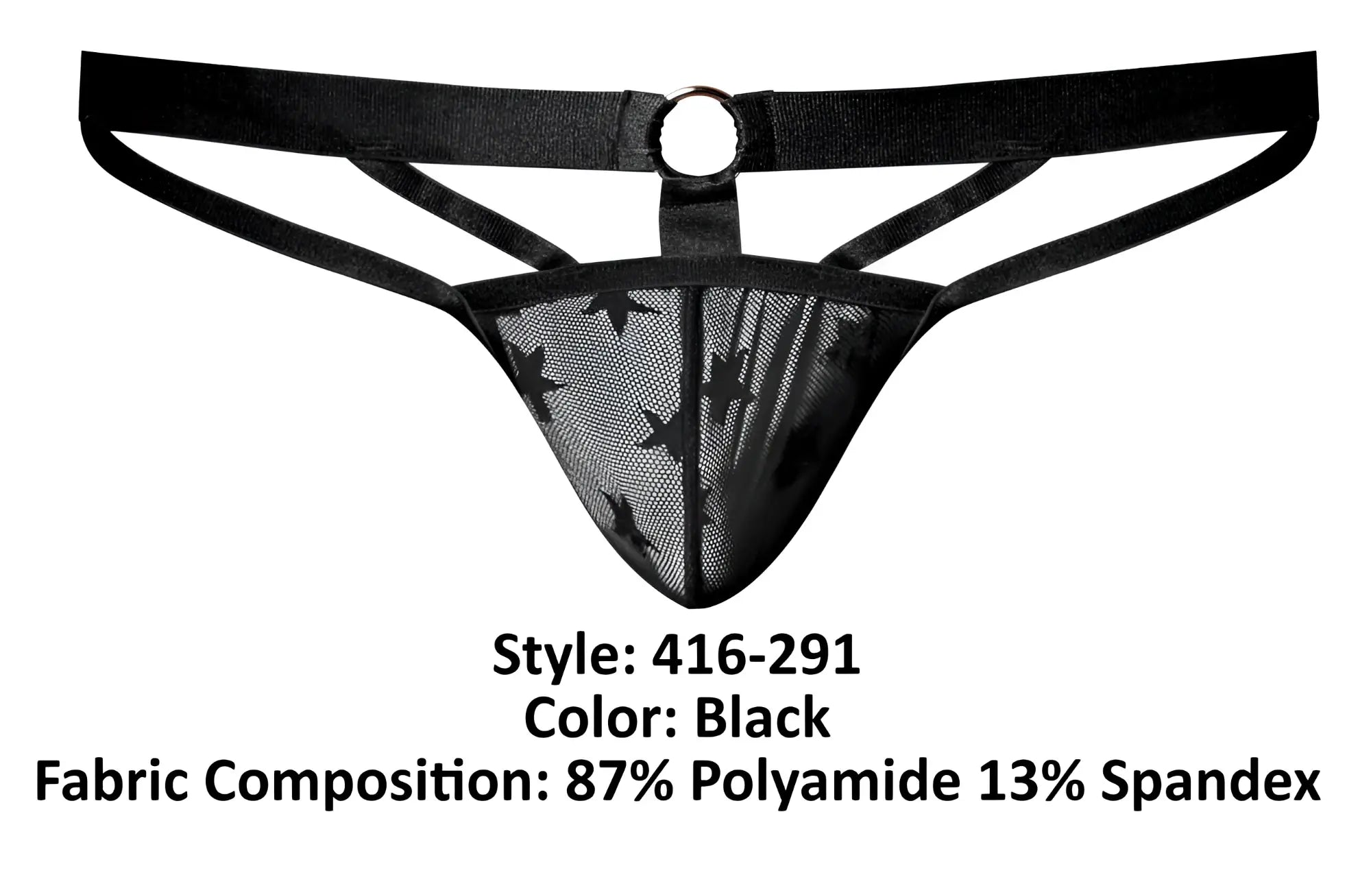 Male power 416-291 love star thong black mesh with star pattern and adjustable straps for men