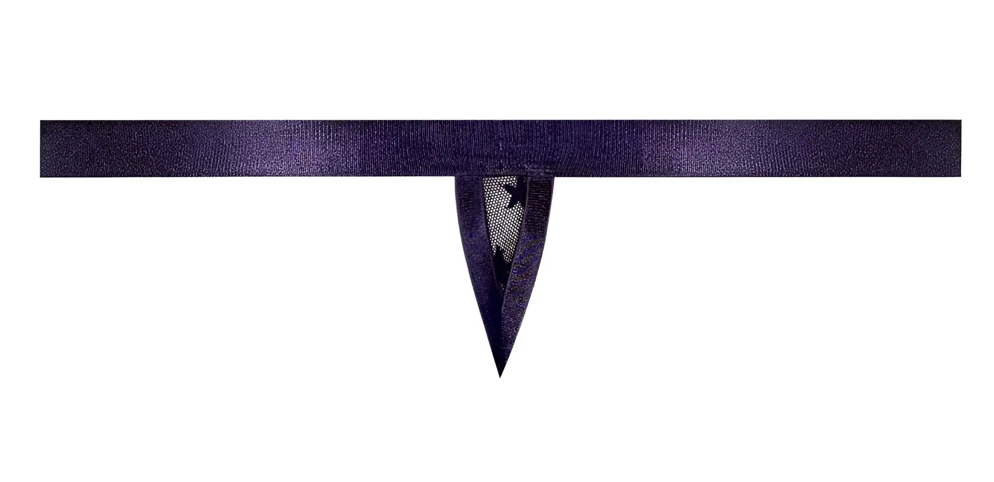 Male Power 416-291 Love Star thong in deep purple satin with delicate lace trim and ring detail at the center