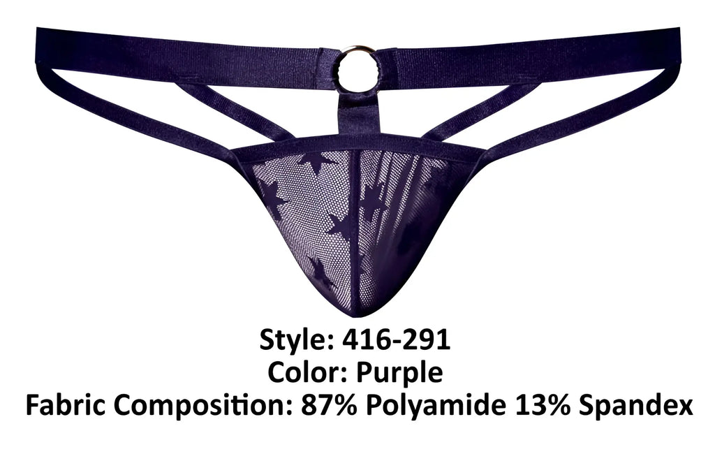 Male power 416-291 love star thong in purple with sheer mesh front black stars navy waistband and metal ring detail