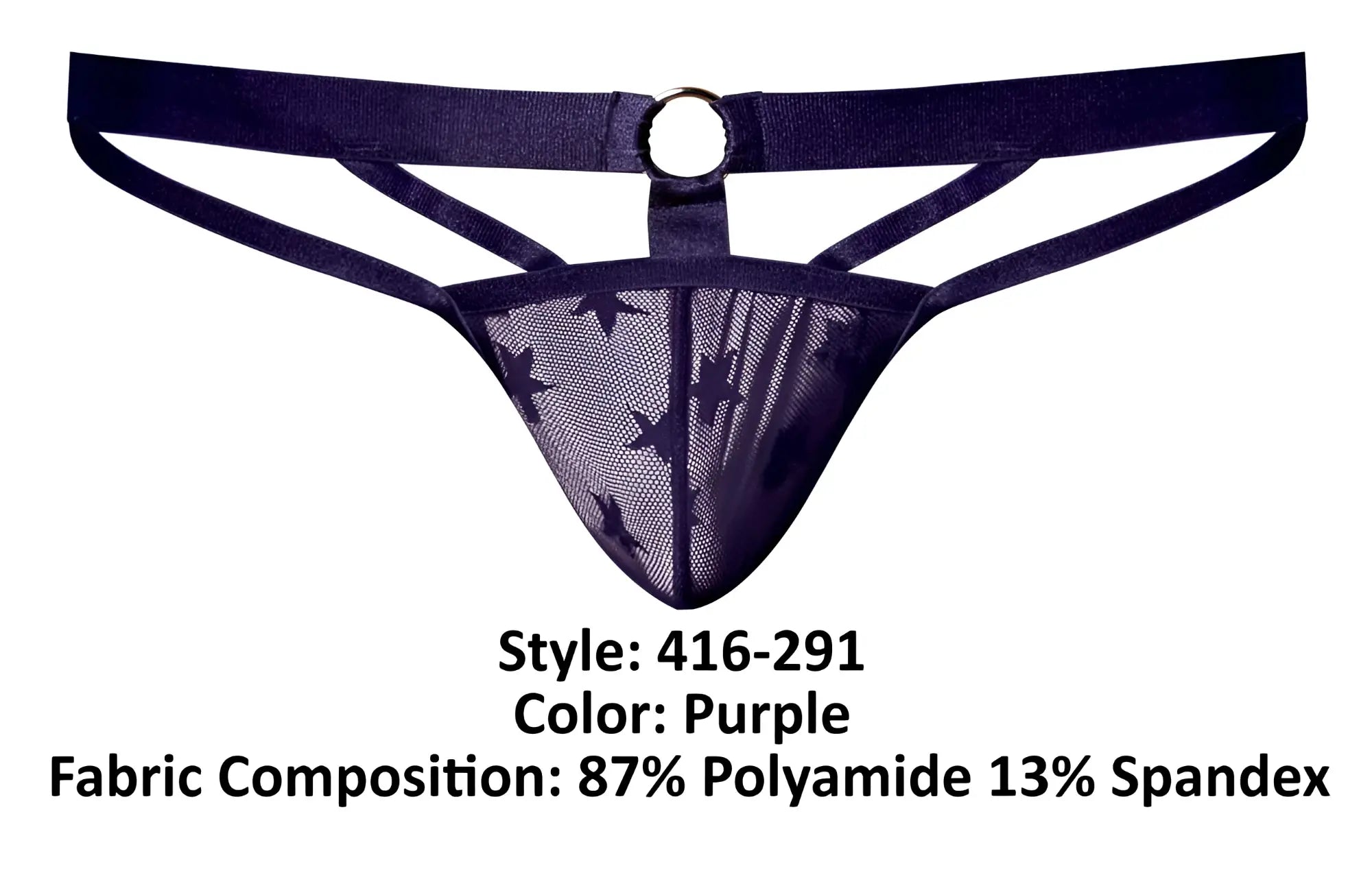 Male power 416-291 love star thong in purple with sheer mesh front black stars navy waistband and metal ring detail