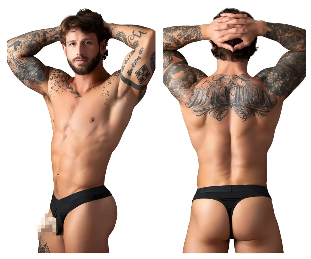 Black male power 417-304 open ended elastic thong with open front and cock ring for intimate wear