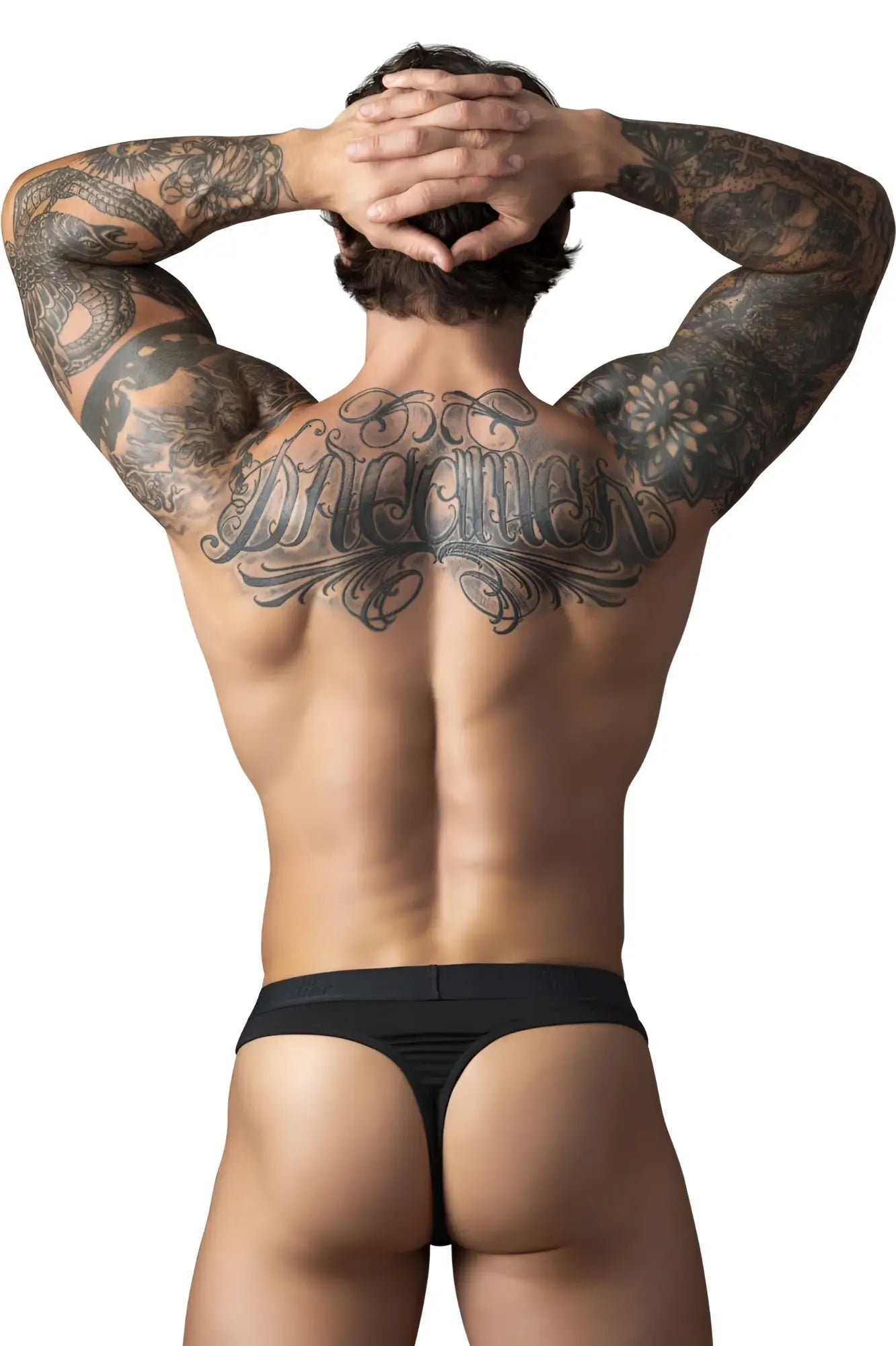 Black male power 417-304 open ended thong with smooth elastic fabric and open front cock ring design