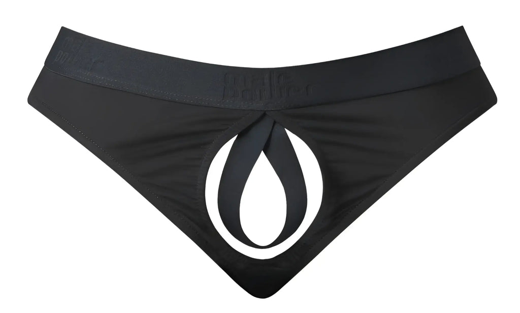 Male power 417-304 black men’s briefs with bold white teardrop logo and open front elastic cock ring design