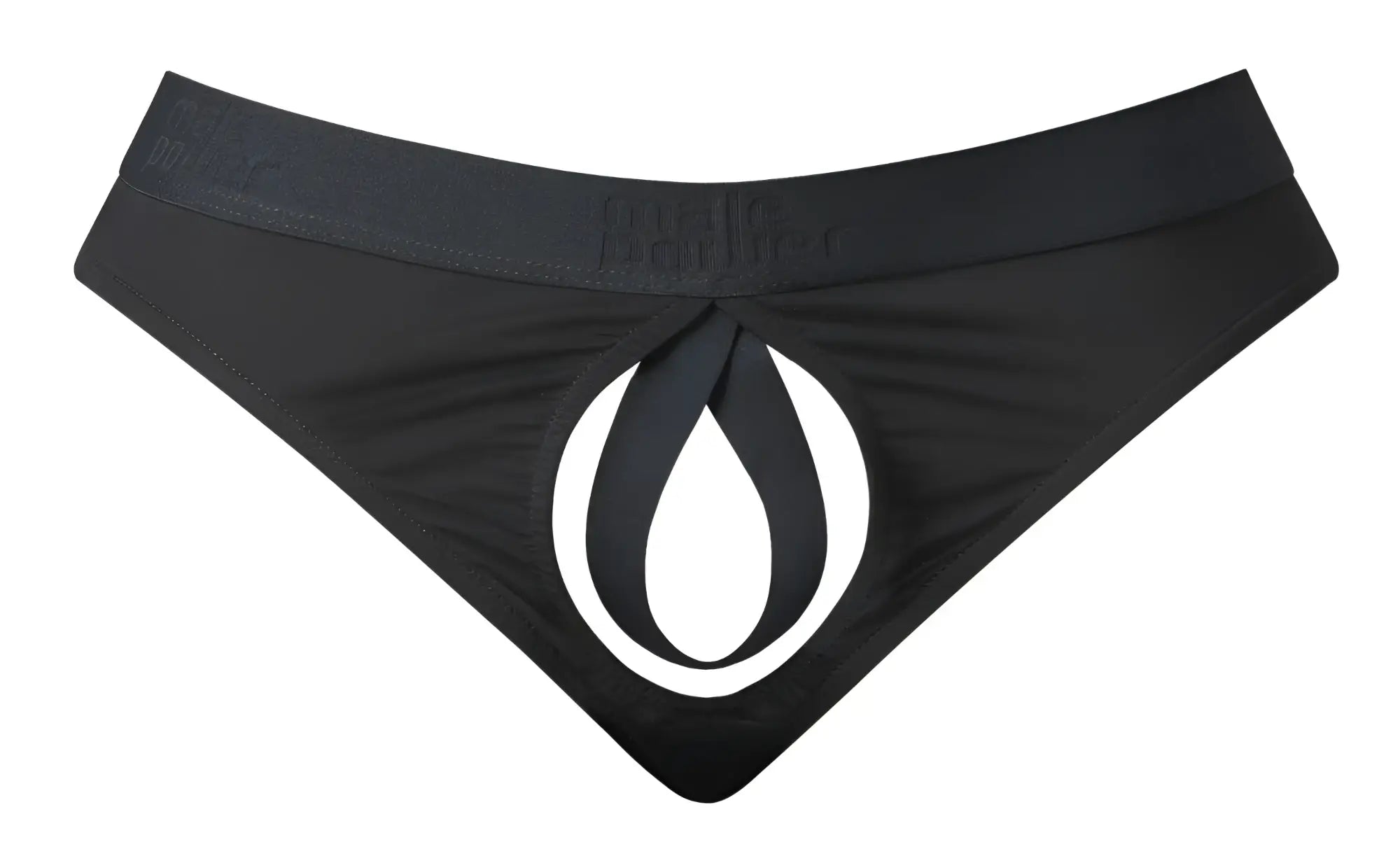 Male power 417-304 black men’s briefs with bold white teardrop logo and open front elastic cock ring design