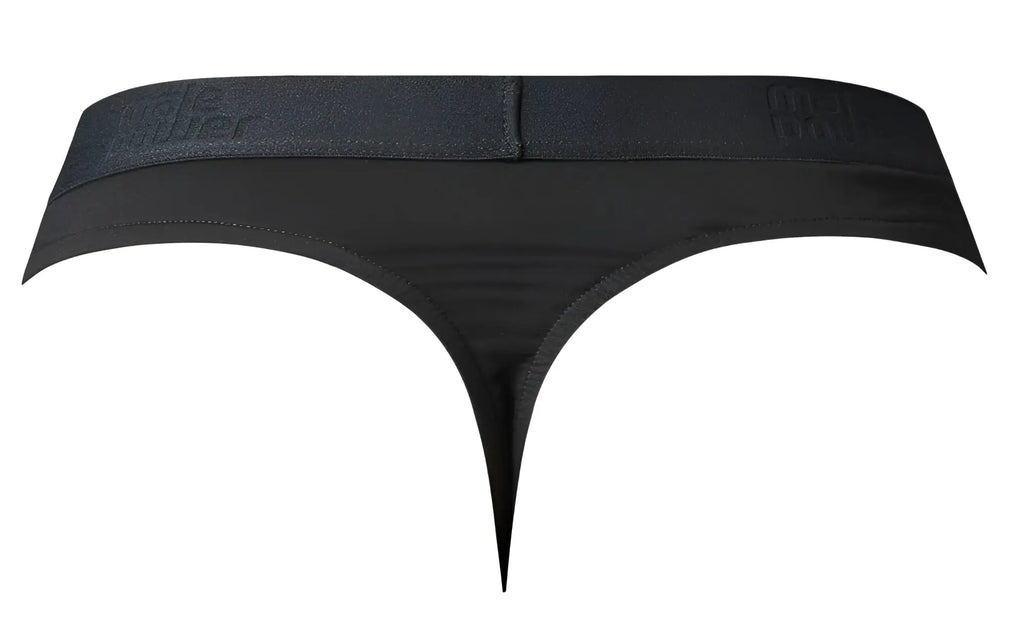 Male power 417-304 black thong with smooth stretchy fabric elastic waistband and embossed branding front view