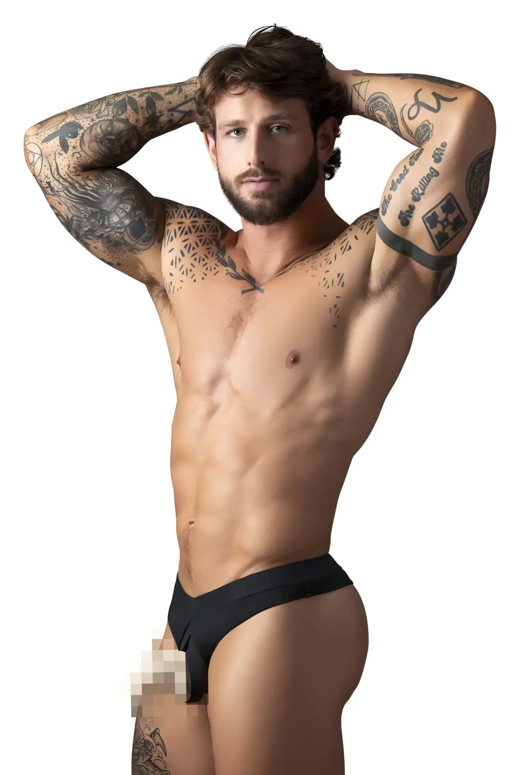 Male power 417-304 open ended thong in black with snug fit smooth fabric and elastic cock ring front view