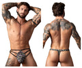 Male power 419-303 black and white patterned thong with textured woven design and straps rings color printed