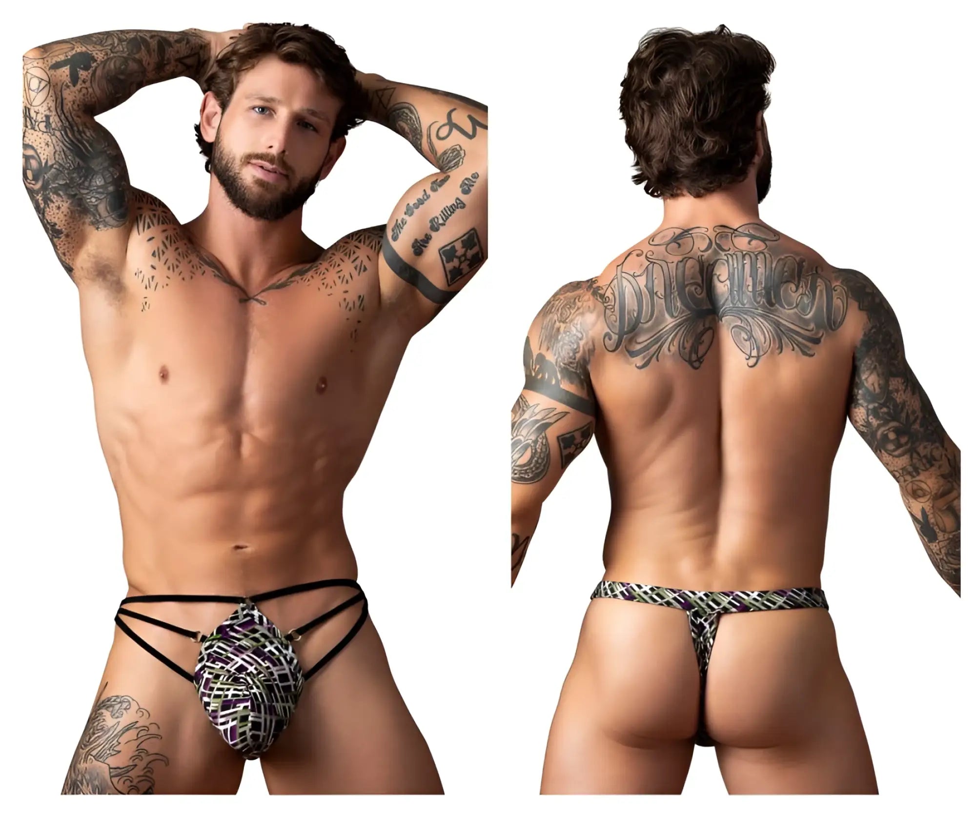 Male power 419-303 black and white patterned thong with textured woven design and straps rings color printed