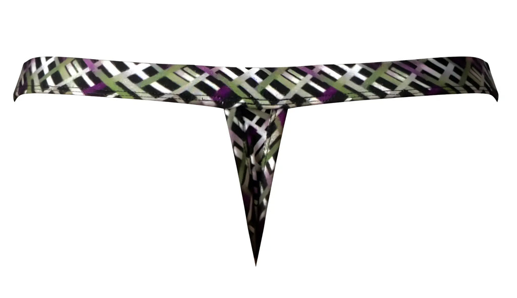 Male power 419-303 gridlocked thong straps-rings color printed geometric patterned thong with black white purple triangular cutout