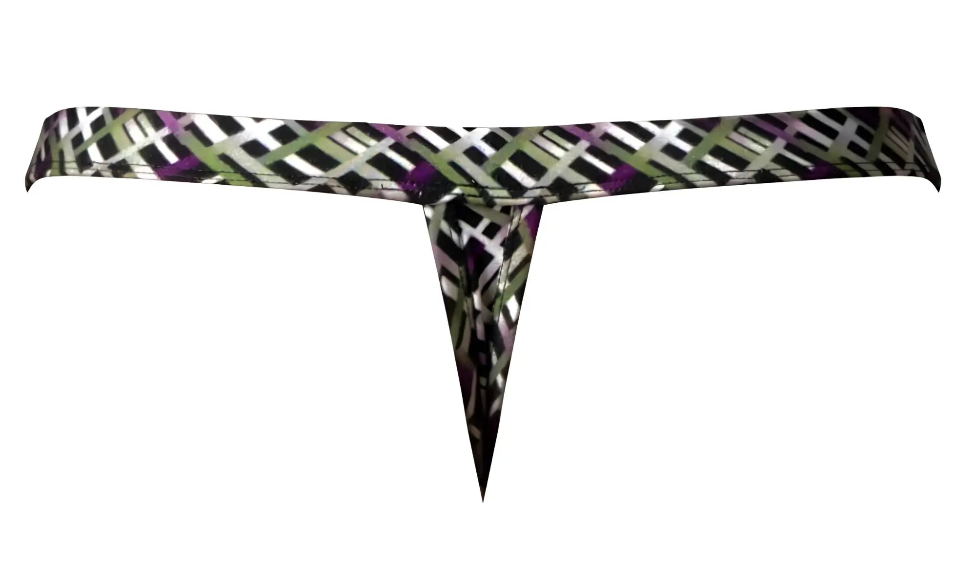 Male power 419-303 gridlocked thong straps-rings color printed geometric patterned thong with black white purple triangular cutout