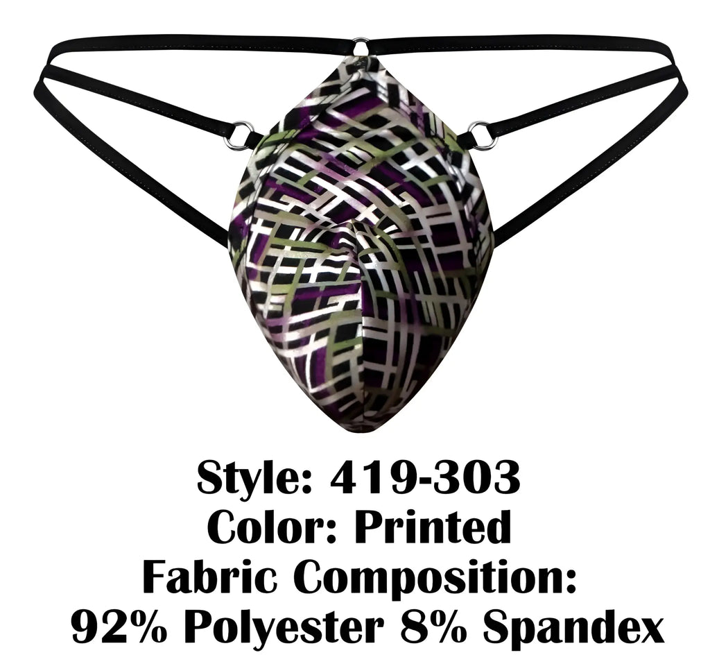 Male power 419-303 gridlocked printed men’s brief with black elastic straps in polyester-spandex blend