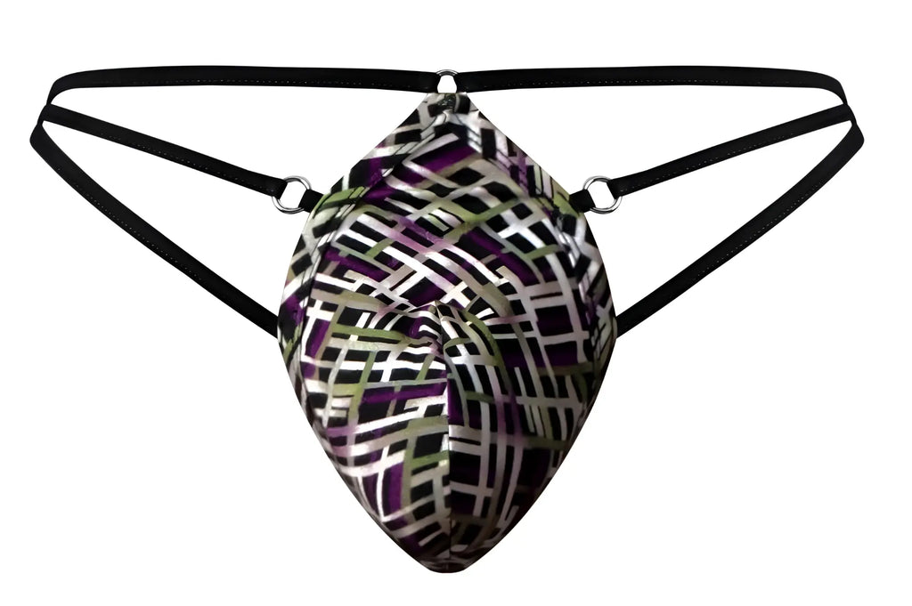 A sleek male power 419-303 gridlocked thong with bold black white purple olive geometric pattern and thin black straps