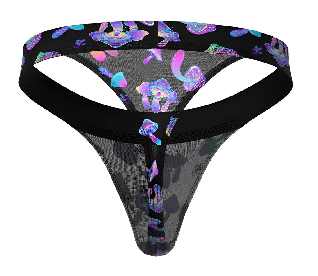 Black male power micro thong with iridescent purple and blue mushroom patterns on sheer mesh fabric
