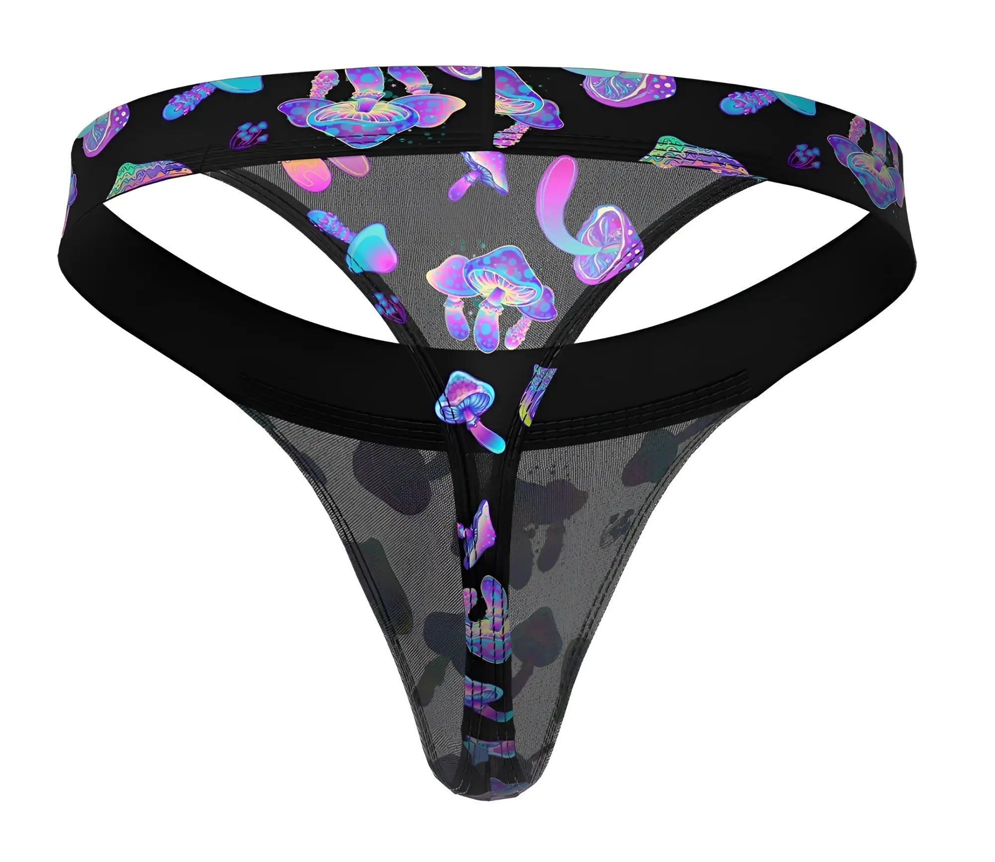 Black male power micro thong with iridescent purple and blue mushroom patterns on sheer mesh fabric