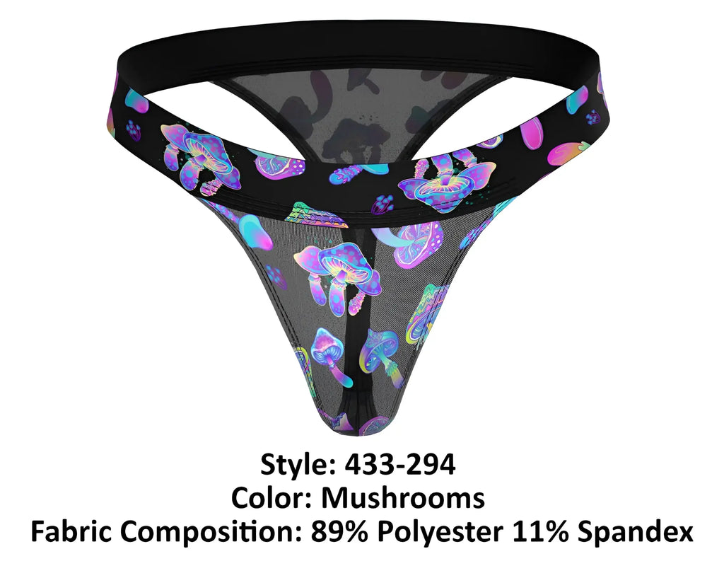 Male power 433-294 hazy dayz micro thong in black mesh with vibrant purple and blue iridescent mushroom pattern