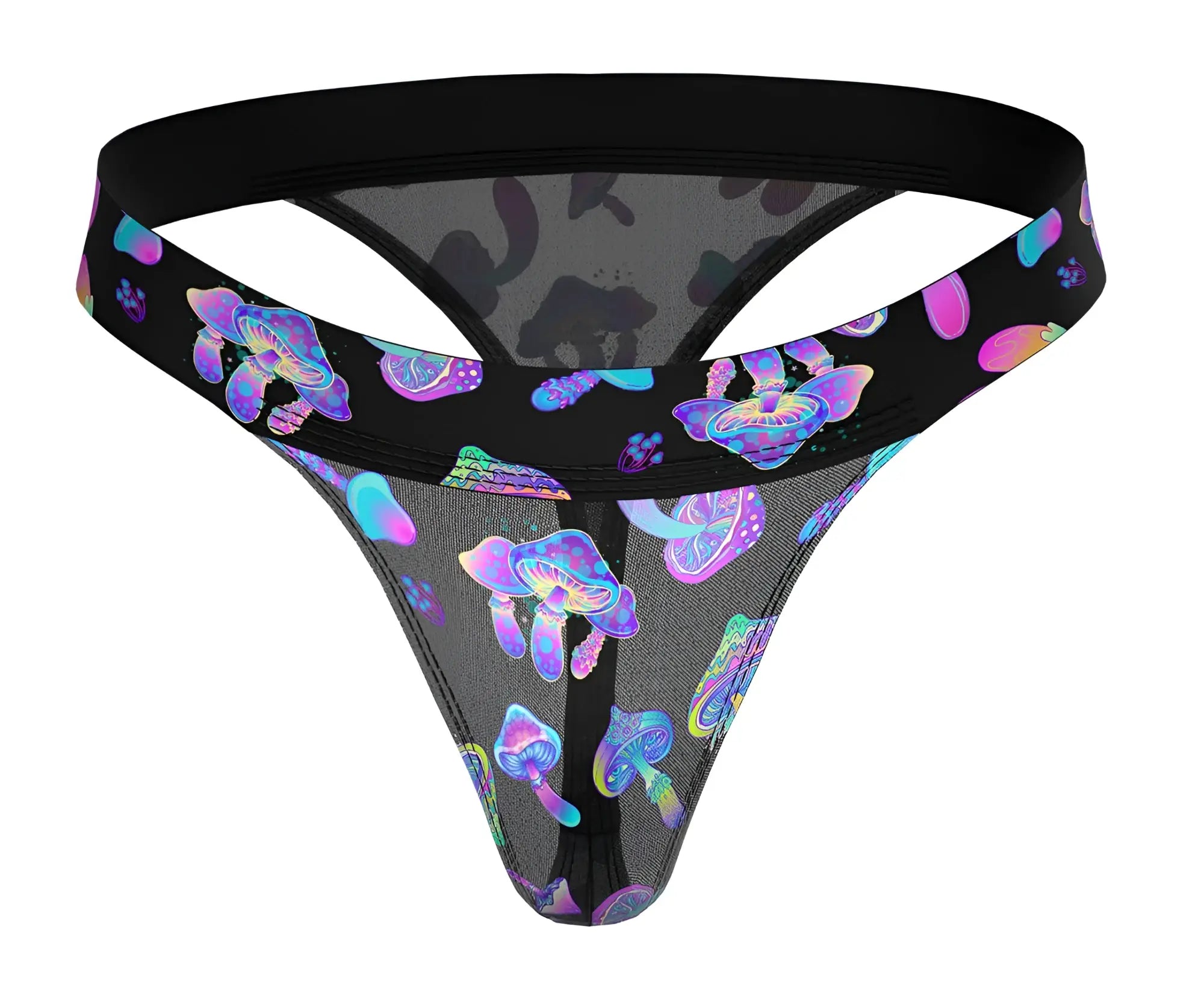Black mesh thong with vibrant iridescent purple blue and pink mushroom pattern male power 433-294 hazy dayz