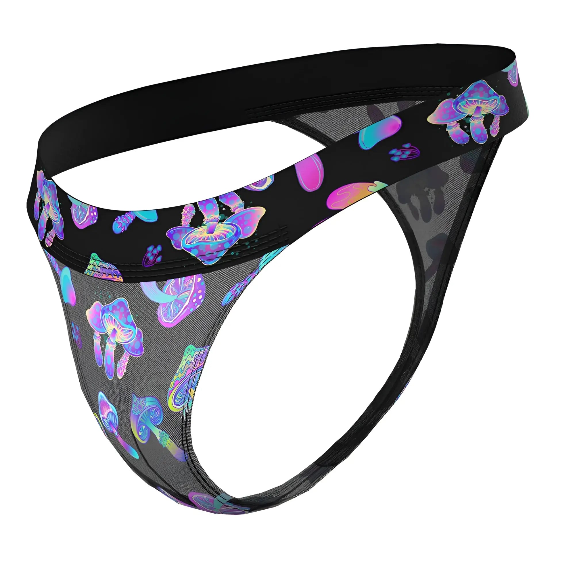 Black mesh thong with vibrant iridescent purple pink and blue mushroom pattern male power hazy dayz micro thong