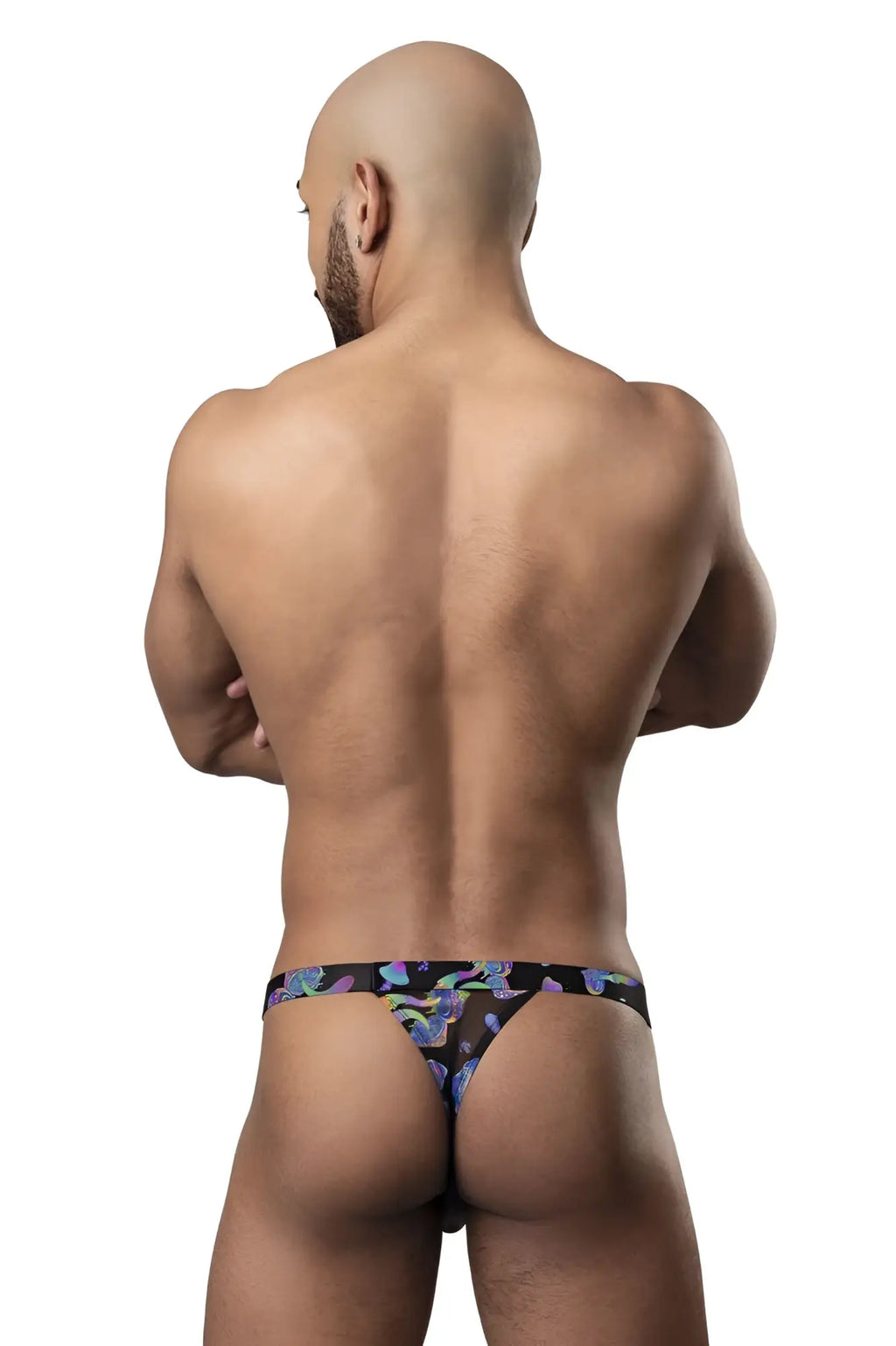 Black male power 433-294 hazy dayz micro thong with vibrant multicolored abstract purple and blue pattern