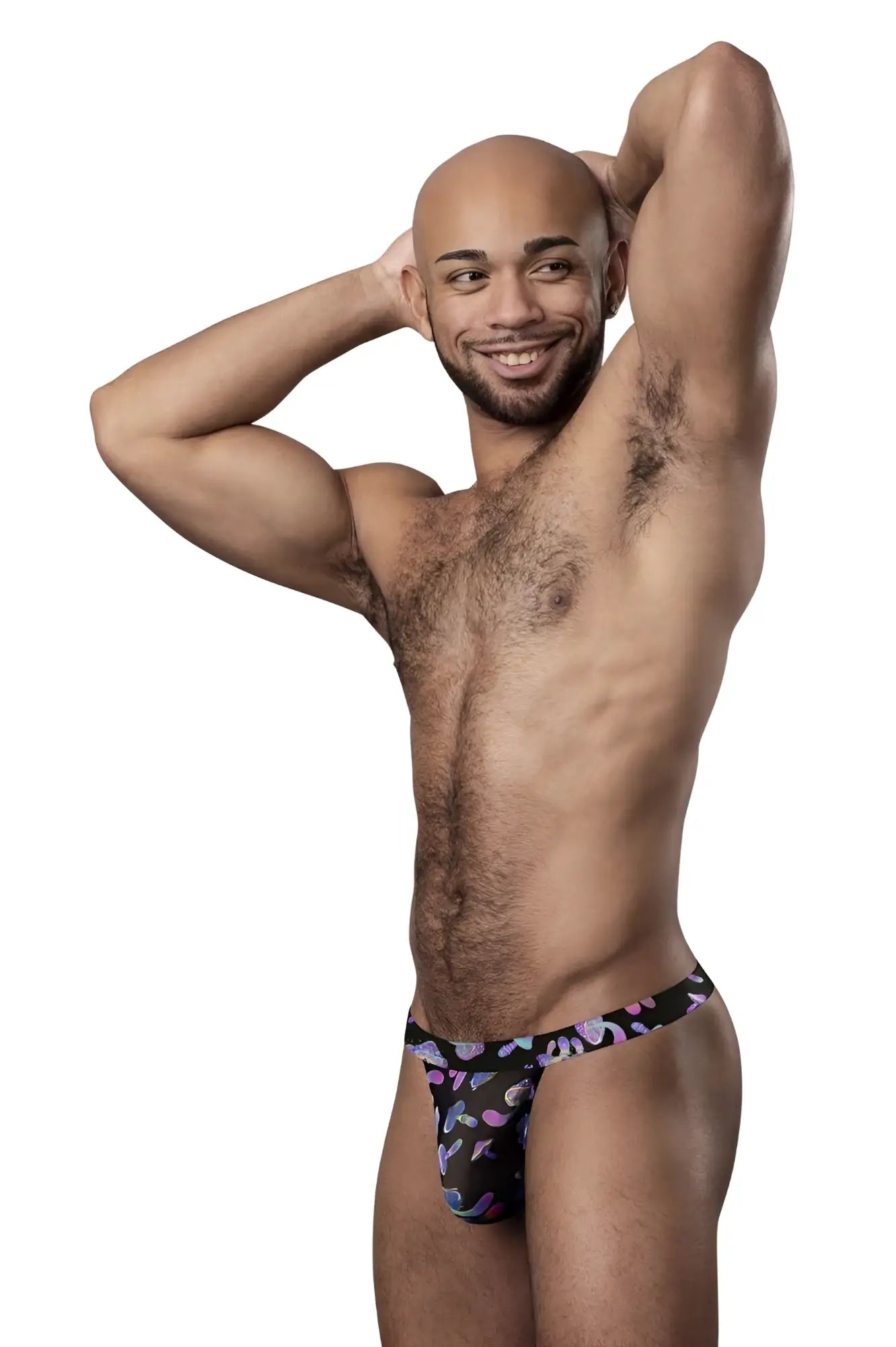 Male power 433 294 hazy dayz micro thong black briefs with vibrant purple pink and blue floral pattern front side