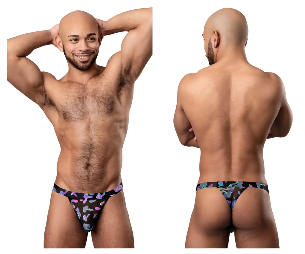 Male power 433-294 hazy dayz black micro thong with vibrant purple blue and pink butterfly pattern color mushrooms