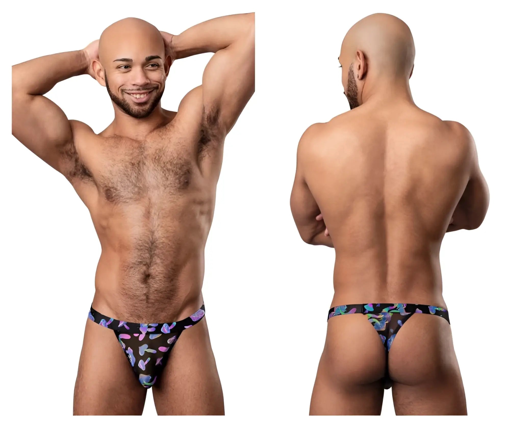 Male power 433-294 hazy dayz black micro thong with vibrant purple blue and pink butterfly pattern color mushrooms