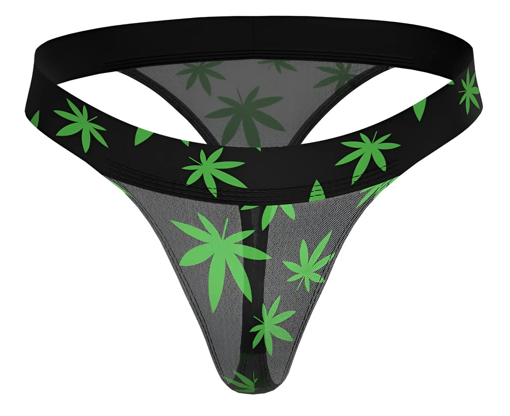 Male power 433-294 hazy dayz micro thong with black thong, gray mesh body, and bright green cannabis leaf pattern