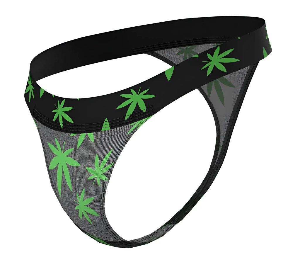 Male power 433-294 hazy dayz micro thong in black and gray mesh with bold green pot leaf pattern front view