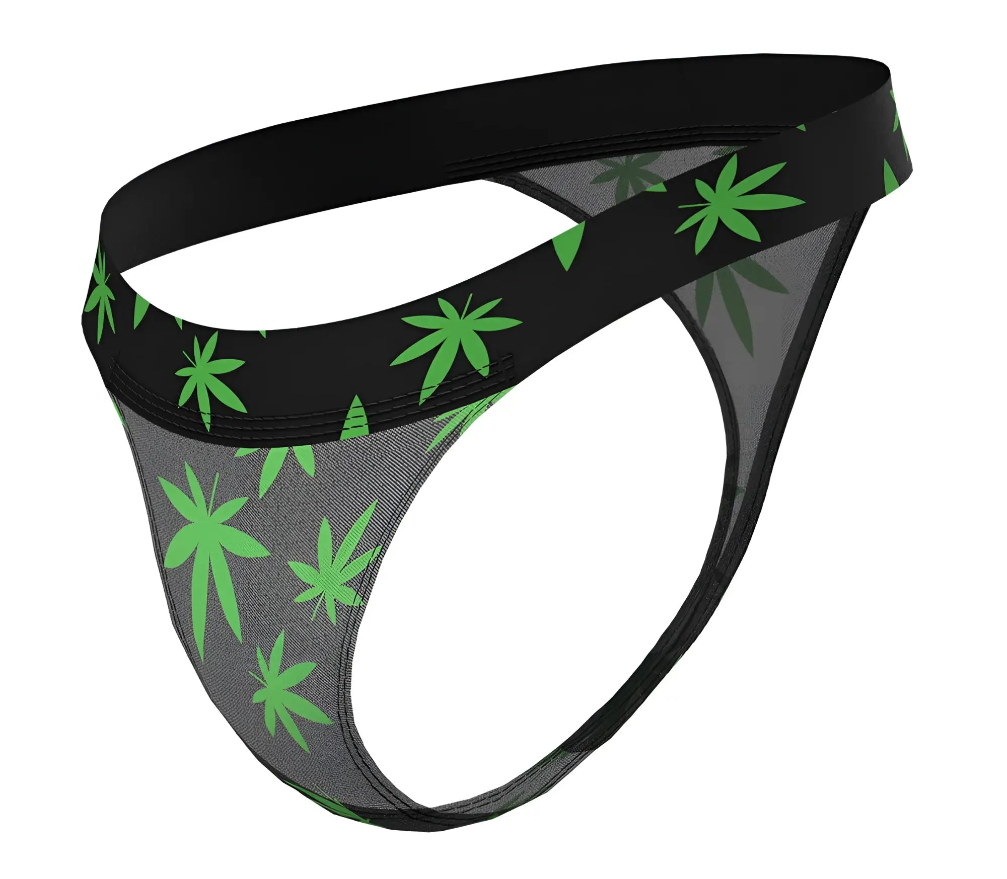 Male power 433-294 hazy dayz micro thong in black and gray mesh with bold green pot leaf pattern front view
