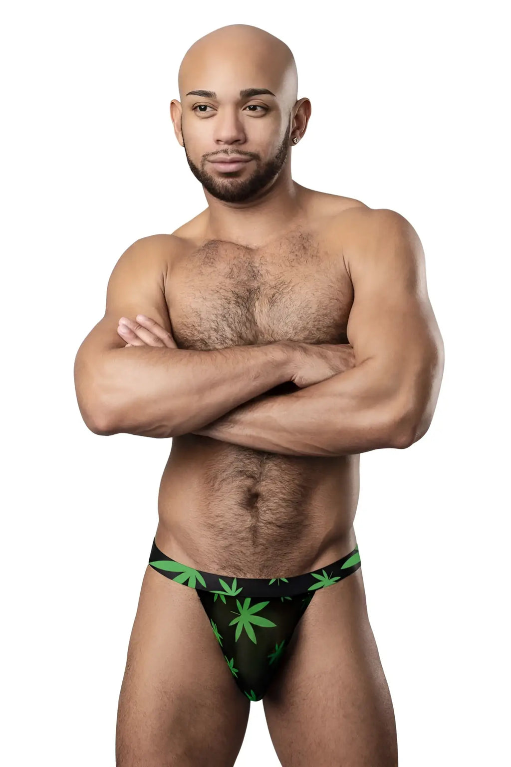 Black male power micro thong with green cannabis leaf pattern designed for comfortable daily wear