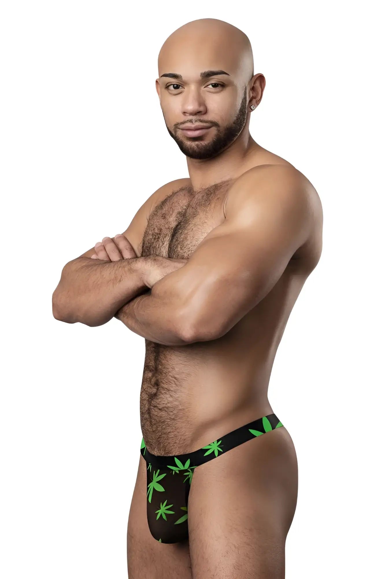 Black male power micro thong briefs with green pot leaf pattern from the hazy dayz collection
