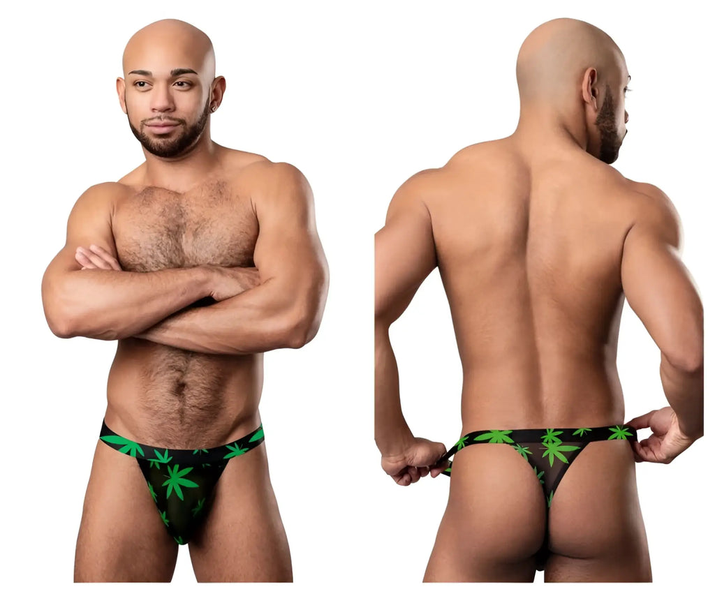 Male power 433-294 hazy dayz black micro thong with green cannabis leaf pattern shown from the back side